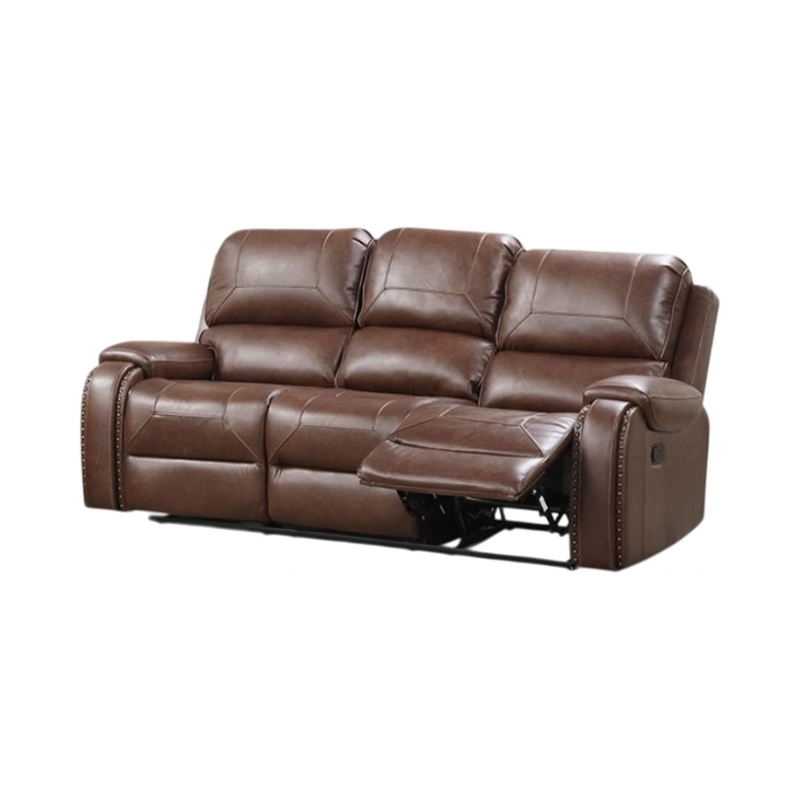 Benjara Teli Reclining Sofa w Drop Down Table & Cup Holders- Brown Faux Leather