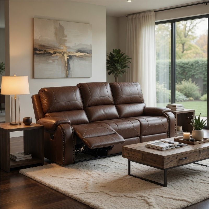 Benjara Teli Reclining Sofa w Drop Down Table & Cup Holders- Brown Faux Leather