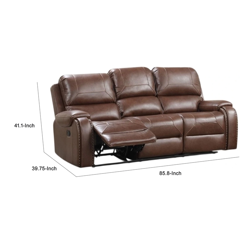 Benjara Teli Reclining Sofa w Drop Down Table & Cup Holders- Brown Faux Leather
