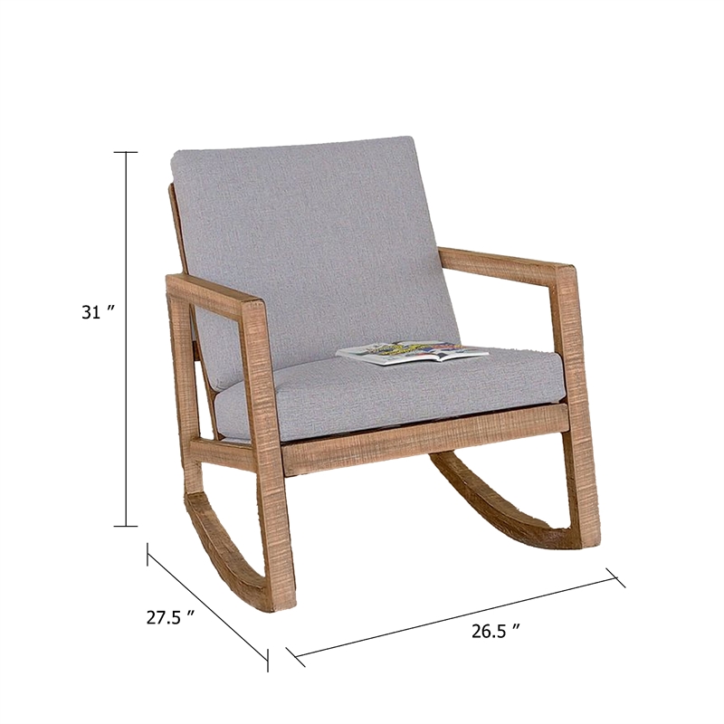 Benjara Diry Rocking Chair- Soft Gray Seat and Back- Natural Brown Mahogany Wood