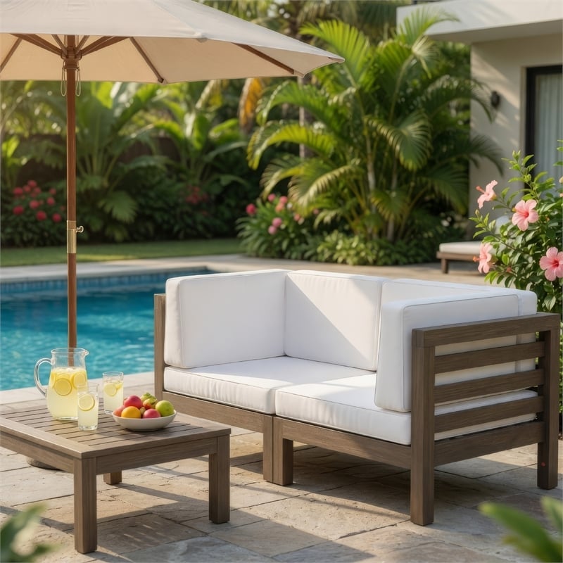 Benjara Ony Outdoor Loveseat- Detachable Acacia Wood Chairs- White Cushions