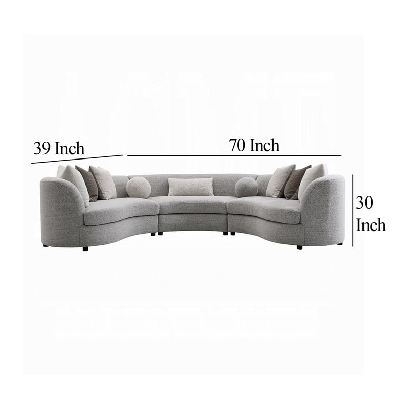 Benjara Kei 3pc Sectional Sofa- 9 Pillows- Curved Frame- Gray Boucle Fabric