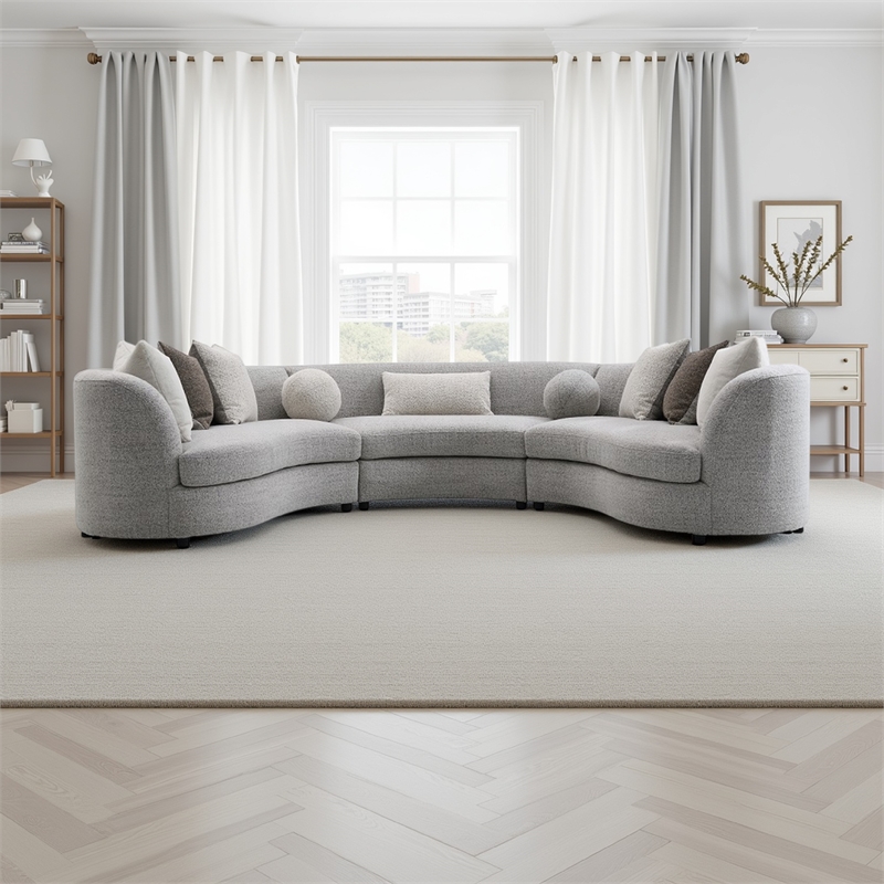 Benjara Kei 3pc Sectional Sofa- 9 Pillows- Curved Frame- Gray Boucle Fabric