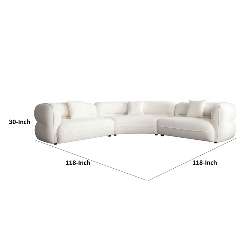 Benjara Micy 3pc Sectional Sofa- 3 Accent Pillows- Textured Ivory Polyester