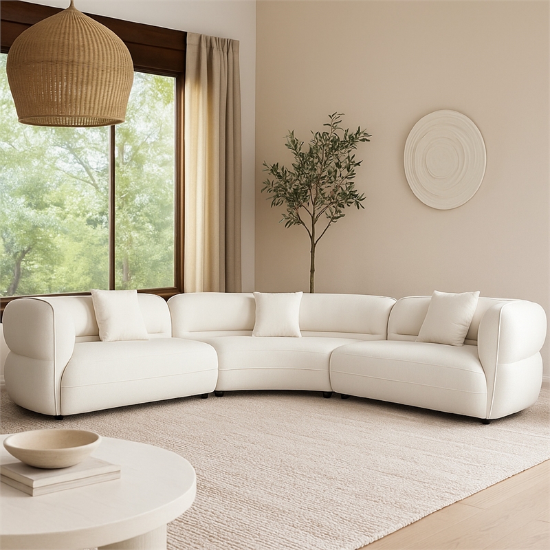 Benjara Micy 3pc Sectional Sofa- 3 Accent Pillows- Textured Ivory Polyester
