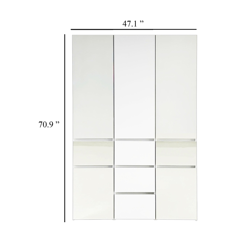 Benjara Ely Closet Cabinet Set- Double Mirror Doors- 5 Drawers- 71 Inch- White