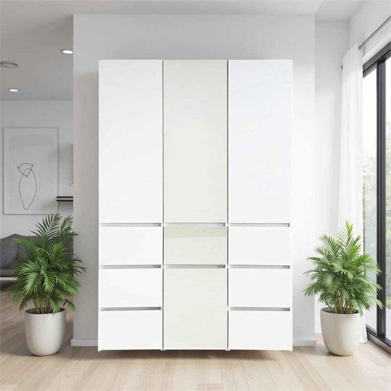 Benjara Ely Closet Cabinet Set- Double Mirror Doors- 5 Drawers- 71 Inch- White