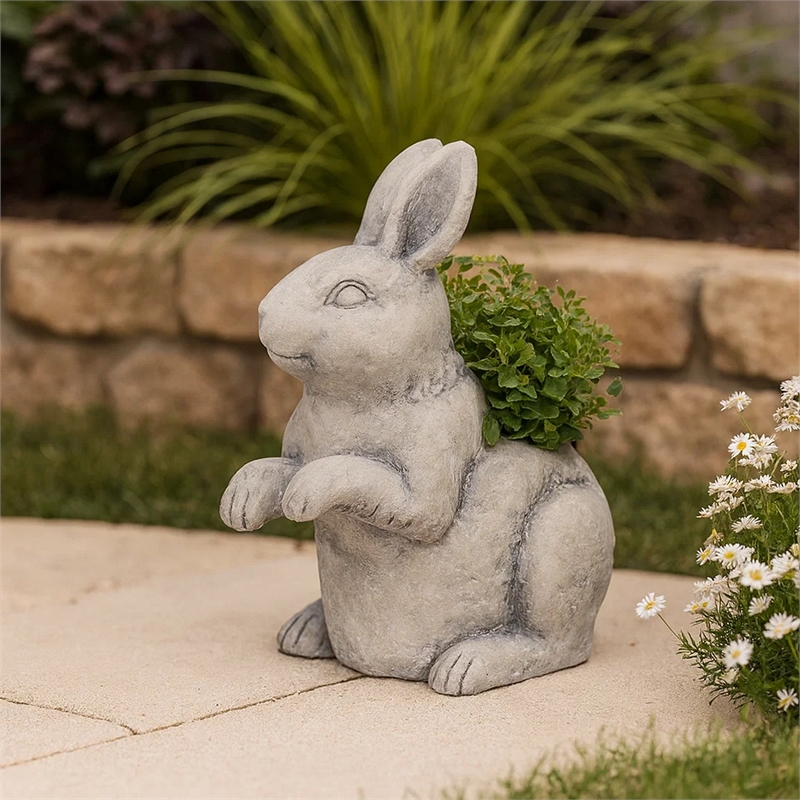 Benjara Antique Styled Raw Textured Polyresin Standing Rabbit Planter- Gray