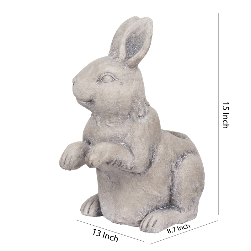 Benjara Antique Styled Raw Textured Polyresin Standing Rabbit Planter- Gray