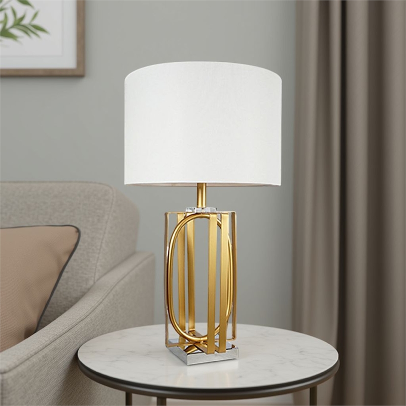 Benjara Limy 2pc Table Lamp Set- White Shade- Gold and Chrome Base- 29