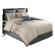 Benjara Yedy 8pc Queen Size Comforter Set- Blue and Cream Floral Embroidery