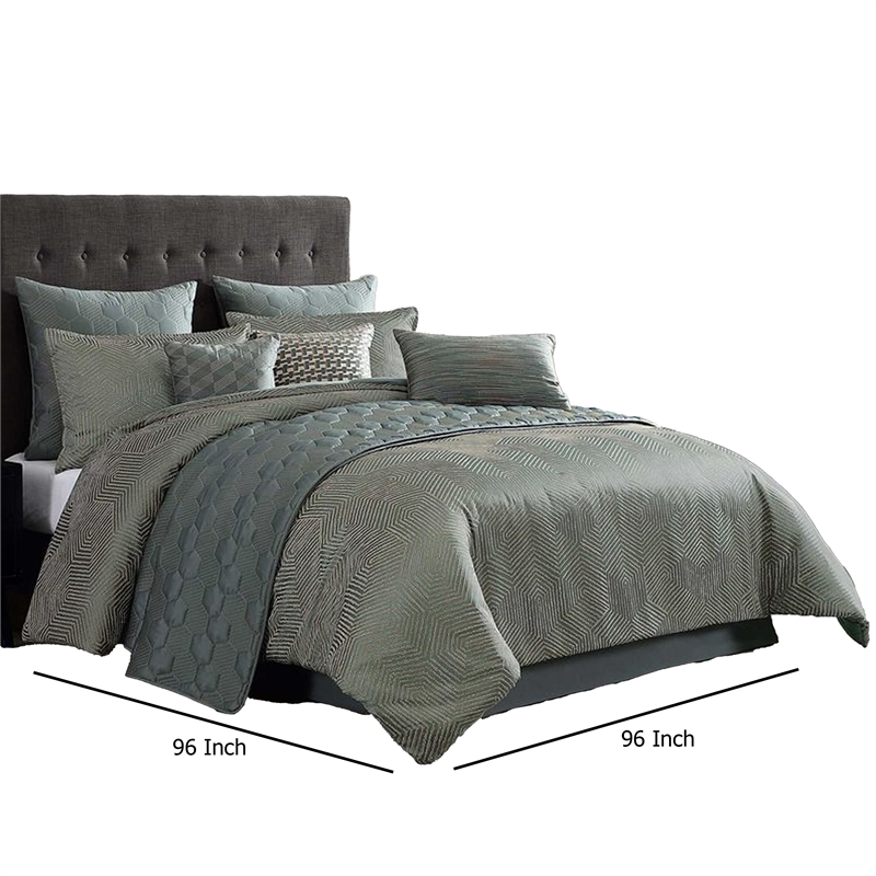 Benjara Mely 10pc Coverlet Queen Comforter Set- Shams- Green Woven Jacquard