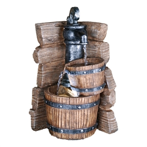 Benjara Tay 12&quot Tabletop Water Fountain- Barrels- LED- Pebble Stones- Brown