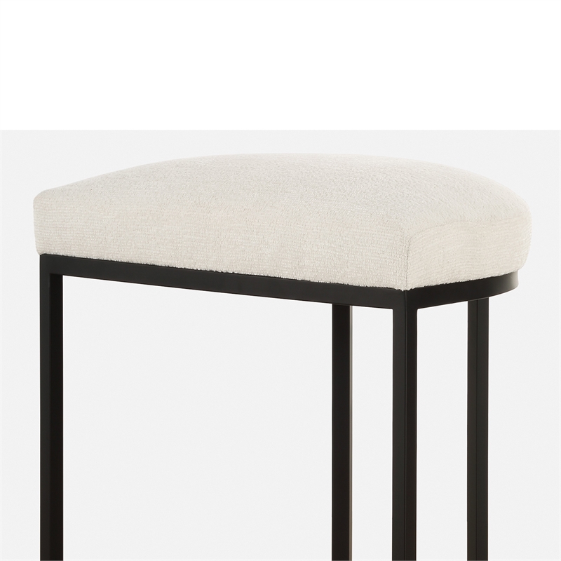 Benjara Gyn Counter Height Stool-White Performance Fabric-Black Cantilever Base