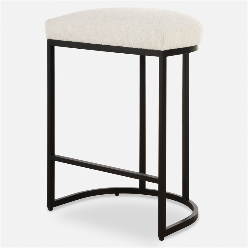 Benjara Gyn Counter Height Stool-White Performance Fabric-Black Cantilever Base