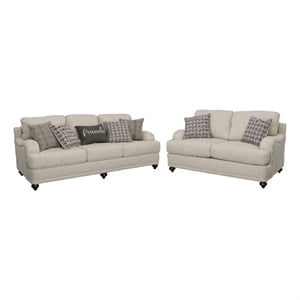 Benjara Liya 2pc Sofa Loveseat Set- Espresso Brown Legs- 7 Throw Pillows- Gray