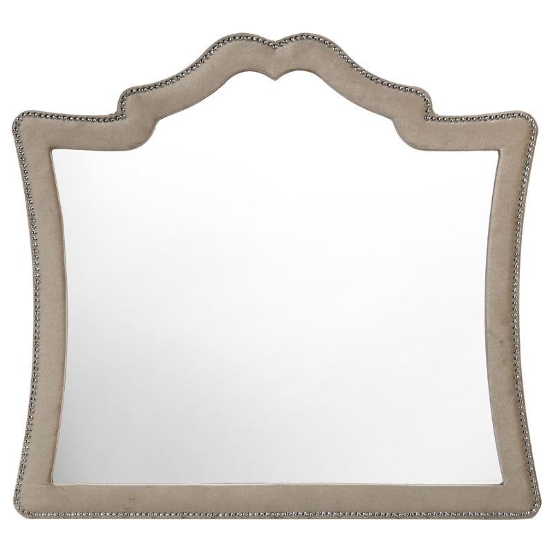 Benjara Lino Dresser Mirror- Curved Frame- Nailhead Trim- Cream Velvet 43