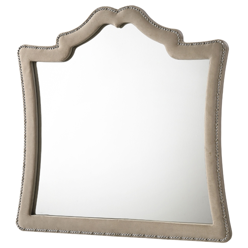 Benjara Lino Dresser Mirror- Curved Frame- Nailhead Trim- Cream Velvet 43