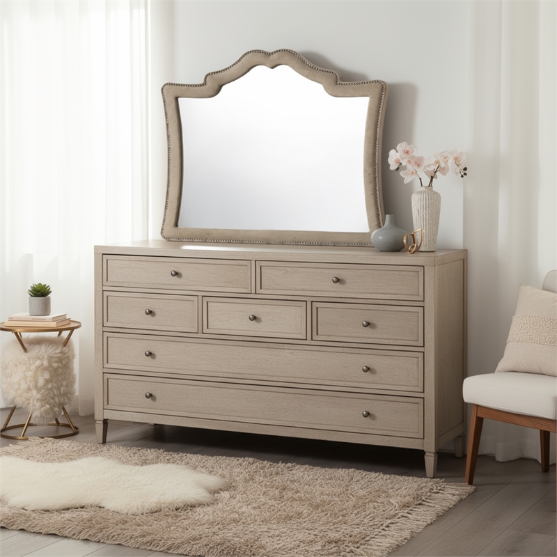 Benjara Lino Dresser Mirror- Curved Frame- Nailhead Trim- Cream Velvet 43