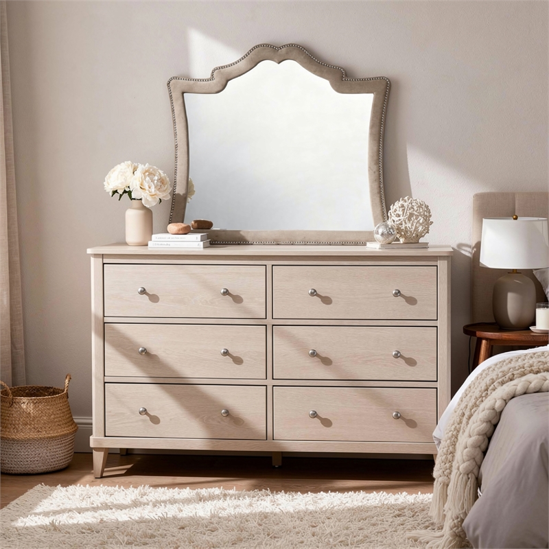 Benjara Lino Dresser Mirror- Curved Frame- Nailhead Trim- Cream Velvet 43