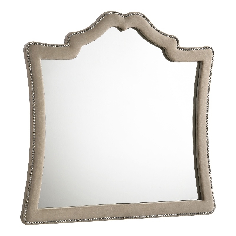 Benjara Lino Dresser Mirror- Curved Frame- Nailhead Trim- Cream Velvet 43
