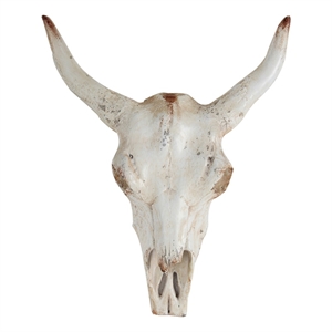 Benjara 19&quot Realistic Faux Steer Head Wall Decor- Cow Skull White- Brown Finish