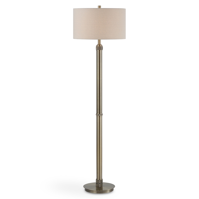Benjara Modern Floor Lamp- White Linen Drum Shade- Brass Metal Pole- Round Base