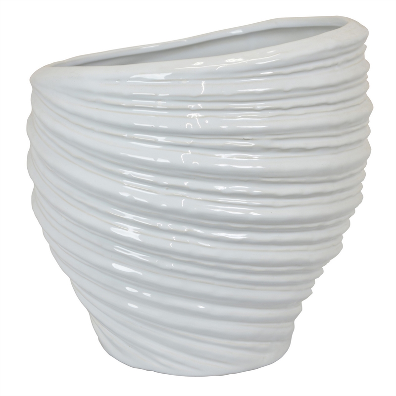 Benjara Round Modern Vase- Spiral Turned Design- White Ceramic 17