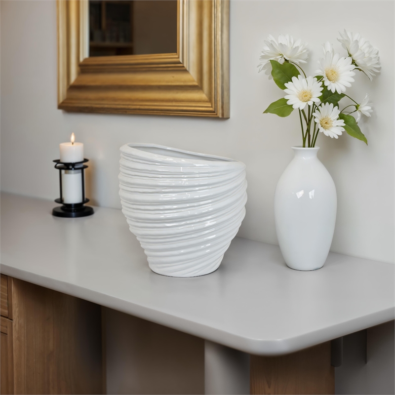Benjara Round Modern Vase- Spiral Turned Design- White Ceramic 17