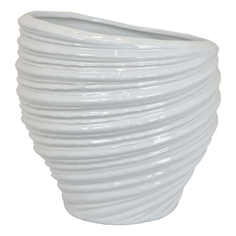 Benjara Round Modern Vase- Spiral Turned Design- White Ceramic 17