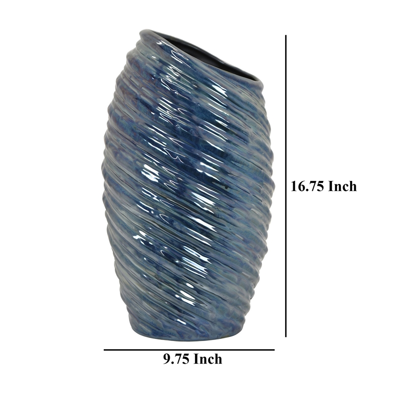 Benjara Tall Modern Vase with Angled Spiral Design- Blue Ceramic 17