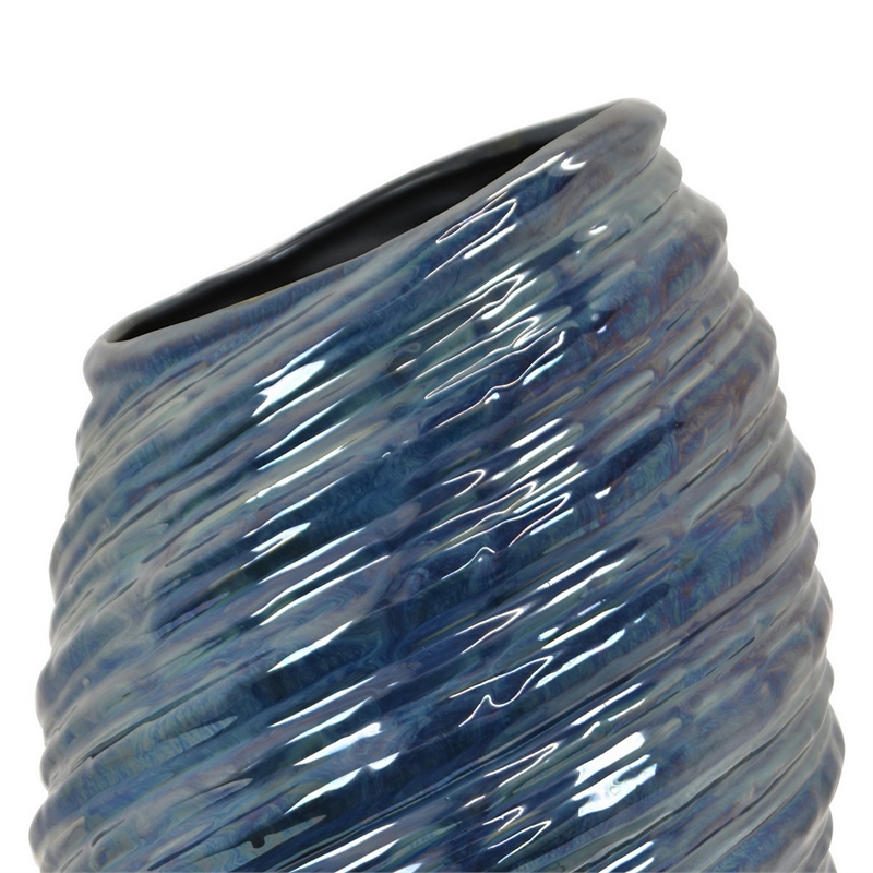 Benjara Tall Modern Vase with Angled Spiral Design- Blue Ceramic 17