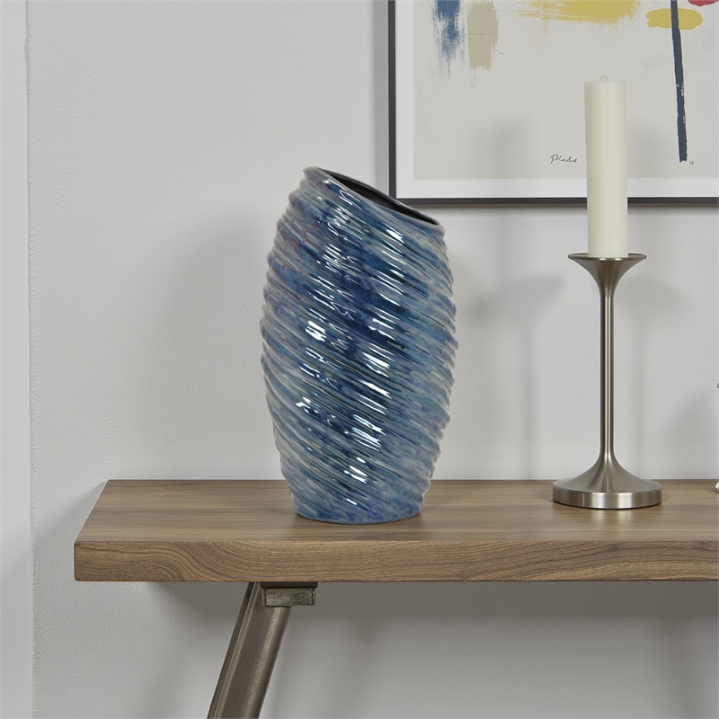 Benjara Tall Modern Vase with Angled Spiral Design- Blue Ceramic 17