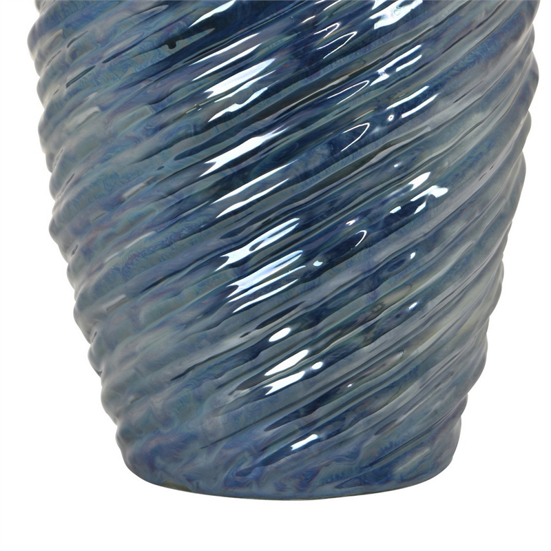 Benjara Tall Modern Vase with Angled Spiral Design- Blue Ceramic 17