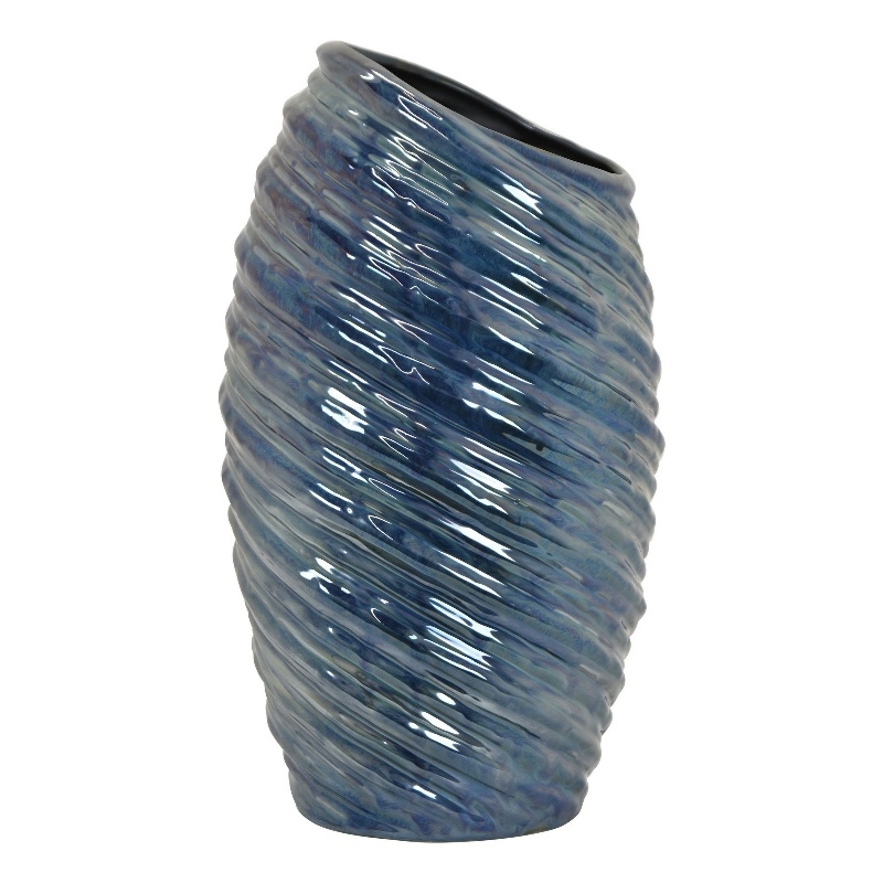 Benjara Tall Modern Vase with Angled Spiral Design- Blue Ceramic 17
