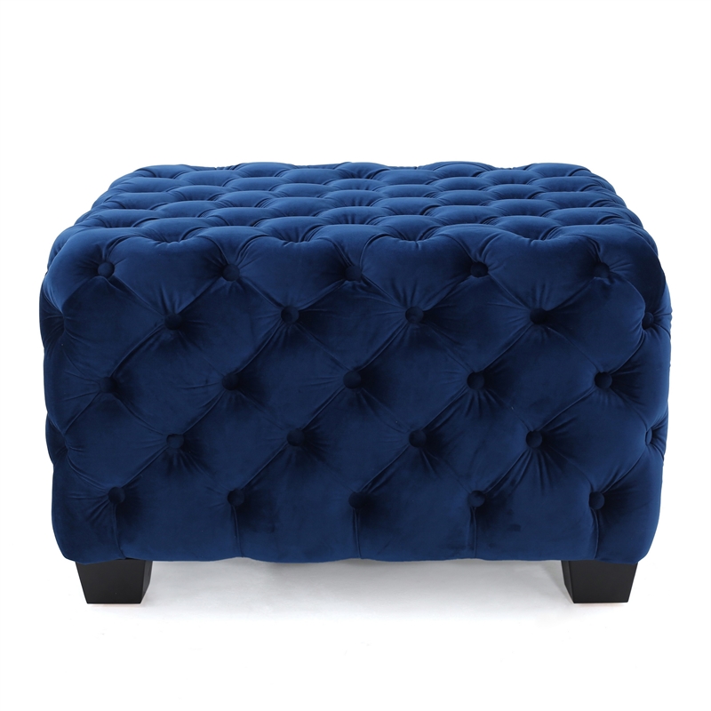 Benjara Ottoman- Modern Button Tufted- Navy Blue Velvet- 29