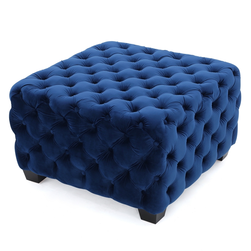 Benjara Ottoman- Modern Button Tufted- Navy Blue Velvet- 29