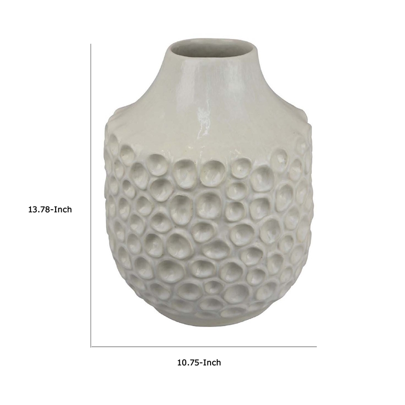Benjara Nian Accent Vase- Off White Ceramic Raised Dimple Texture- 14