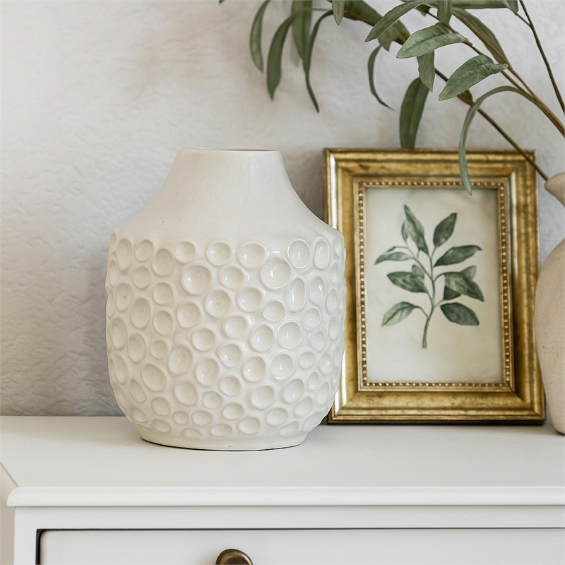 Benjara Nian Accent Vase- Off White Ceramic Raised Dimple Texture- 14