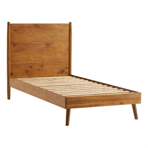 Benjara Twin XL Size Bed with Panel Headboard- Natural Brown Acacia Wood
