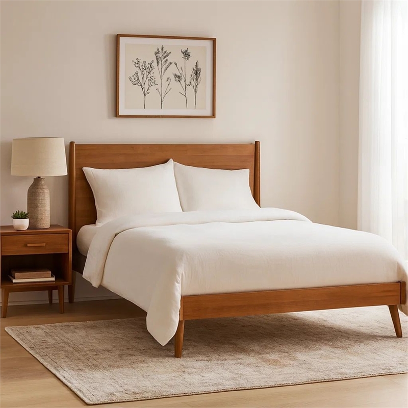 Benjara King Size Bed with Slat Panel Design- Natural Acacia Wood Finish