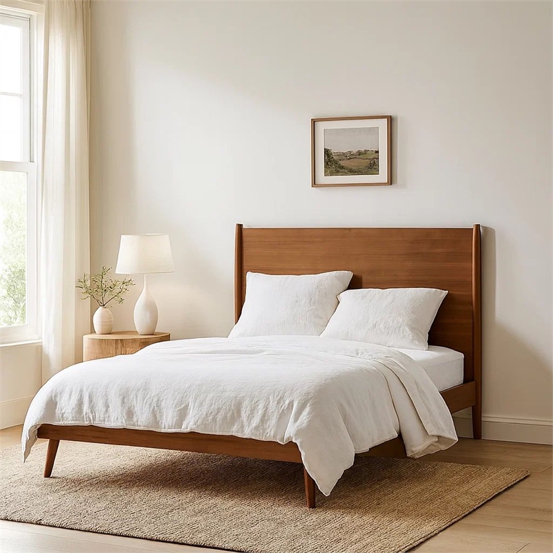 Benjara King Size Bed with Slat Panel Design- Natural Acacia Wood Finish