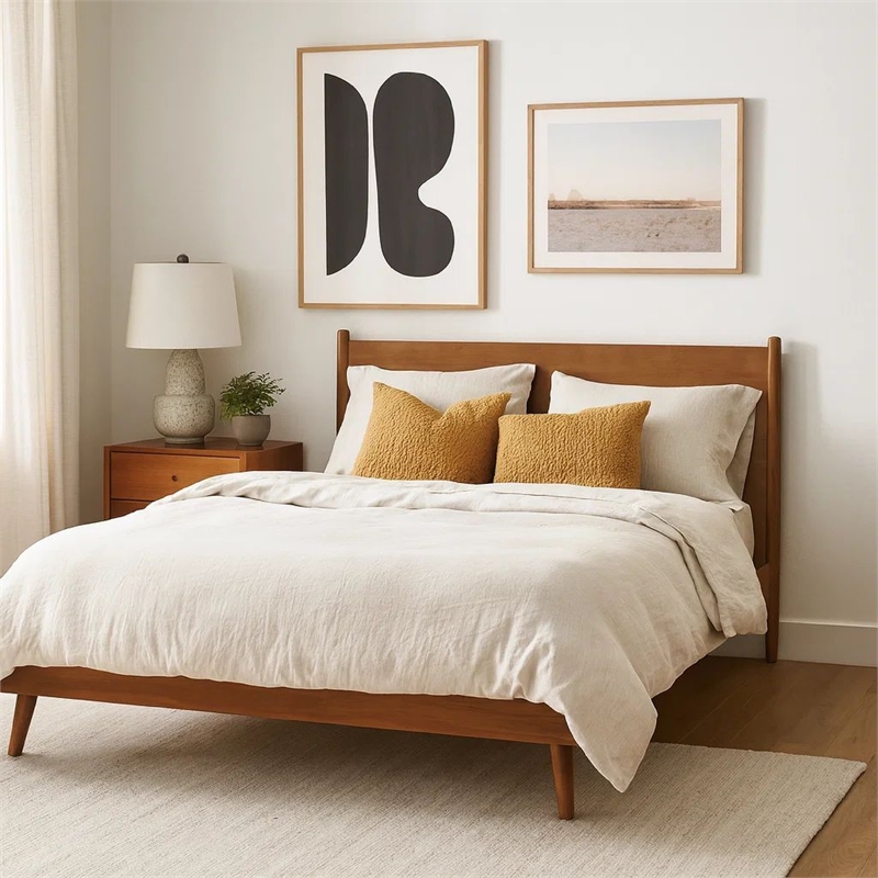 Benjara King Size Bed with Slat Panel Design- Natural Acacia Wood Finish