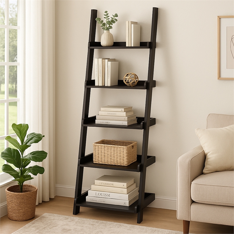 Benjara Accent Ladder Bookcase with 5 Shelves- 72