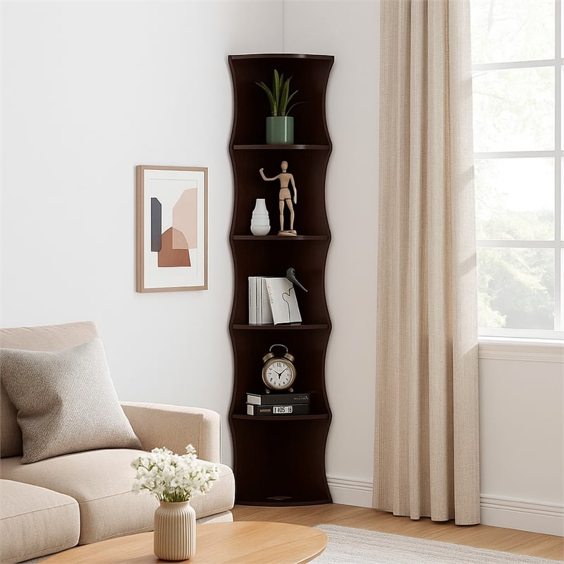 Benjara Corner Bookcase- 5 Storage Shelves- 77