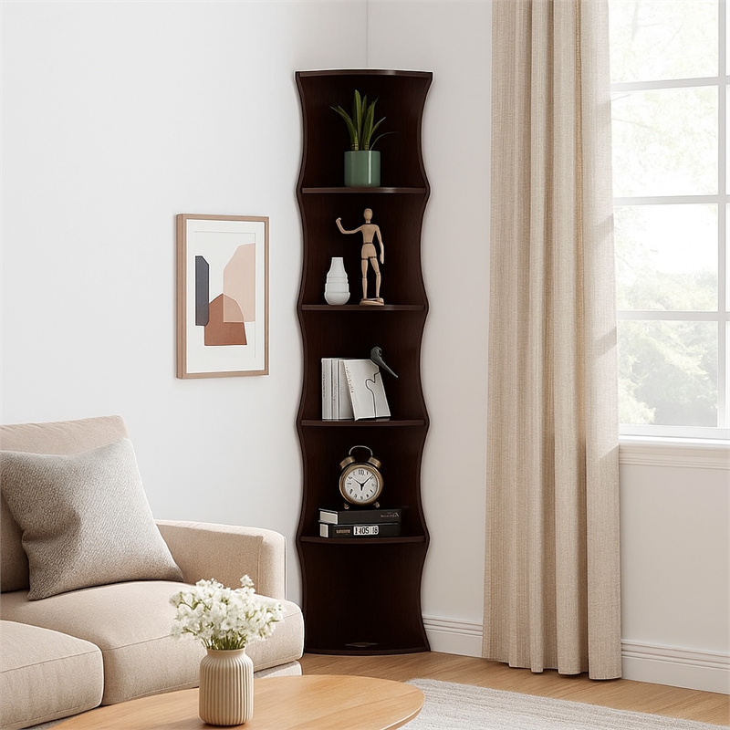Benjara Corner Bookcase- 5 Storage Shelves- 77