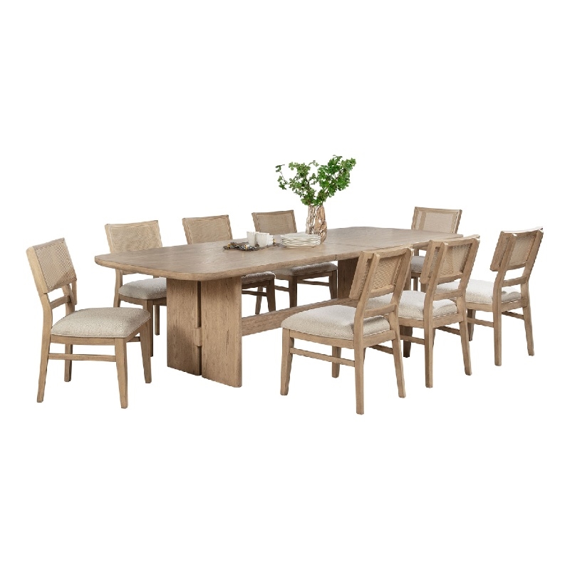 Benjara Lno 9 Piece Rectangular Dining Table Set- 8 Chairs- Beige Oak