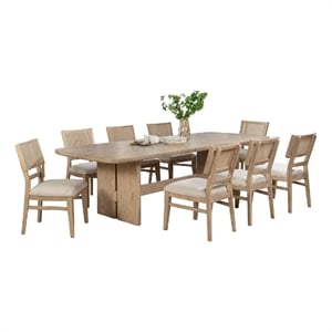 Benjara Lno 9 Piece Rectangular Dining Table Set- 8 Chairs- Beige Oak