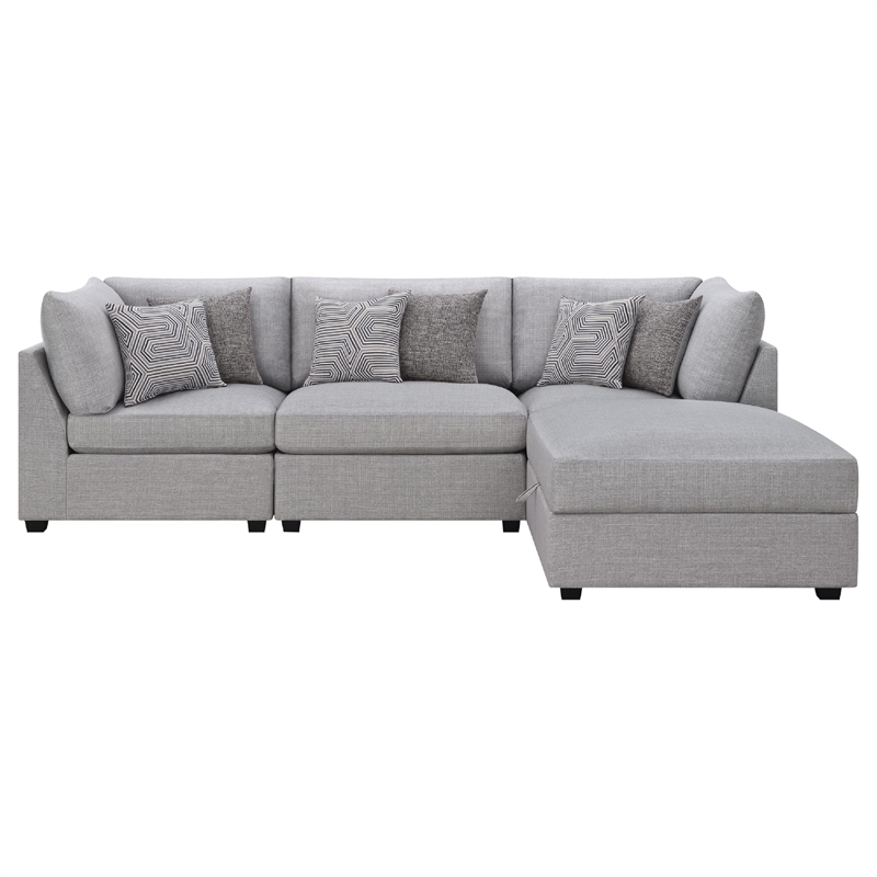 Benjara Cambia 4 Piece Modular Sectional Sofa Set w Ottoman- Gray- 6 Pillows