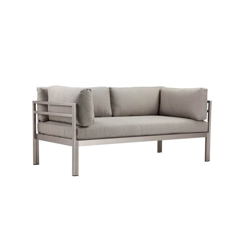 Benjara 3 Piece Sectional Outdoor Metal Sofa Set with Table- Gray and Silver